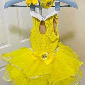 BALLET/TAP OUTFIT Weissman Dancewear XSC Yellow, W/Hair Clip, Shoe Bows, Worn 1x